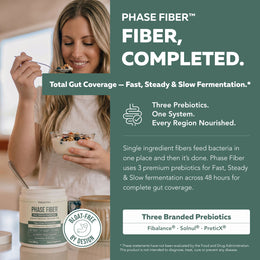Woman eating breakfast with Triquetra Health Phase Fiber prebiotic powder for complete gut microbiome support