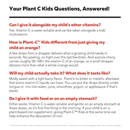 Plant-C Kids FAQ answering common questions about daily vitamin pairing, berry flavor, and meal timing