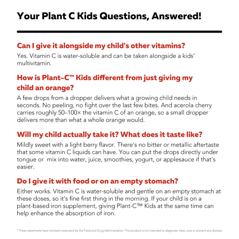Plant-C Kids FAQ answering common questions about daily vitamin pairing, berry flavor, and meal timing