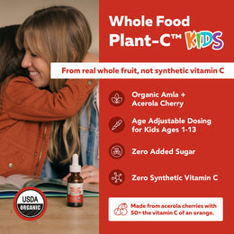 Mother hugging child next to Plant-C Kids features including organic amla, acerola cherry, and age adjustable dosing