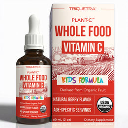 Triquetra Plant-C Kids whole food vitamin C liquid drops 2 fl oz amber bottle and box with USDA Organic seal