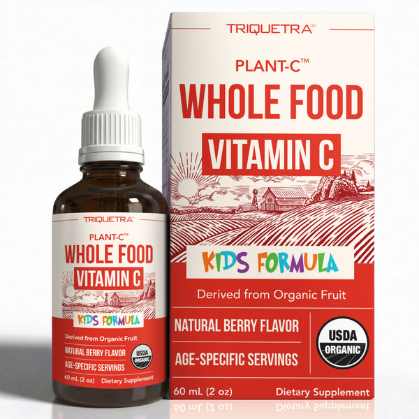 Triquetra Plant-C Kids whole food vitamin C liquid drops 2 fl oz amber bottle and box with USDA Organic seal