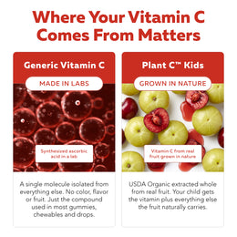 Plant-C Kids whole-food vitamin C from organic fruits beside synthetic vitamin C shown as a single isolated compound