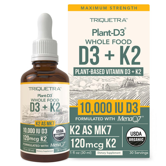 Triquetra Plant-D3 liquid vitamin D3 and K2 supplement with 10,000 IU plant-based vitamin D3 and 120 mcg K2 as MK7 from MenaQ7 in a sublingual organic formula