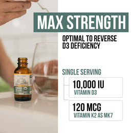 Triquetra Plant-D3 liquid vitamin D3 and K2 supplement showing max strength formula with 10,000 IU vitamin D3 and 120 mcg vitamin K2 as MK7 designed to support vitamin D deficiency