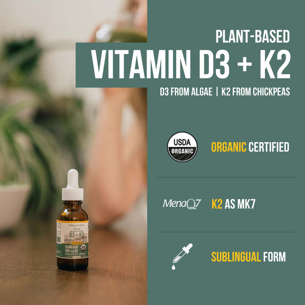 Triquetra Plant-D3 liquid vitamin D3 and K2 supplement highlighting plant-based vitamin D3 from algae, K2 as MK7 from chickpeas using MenaQ7, USDA organic certification, and sublingual liquid delivery