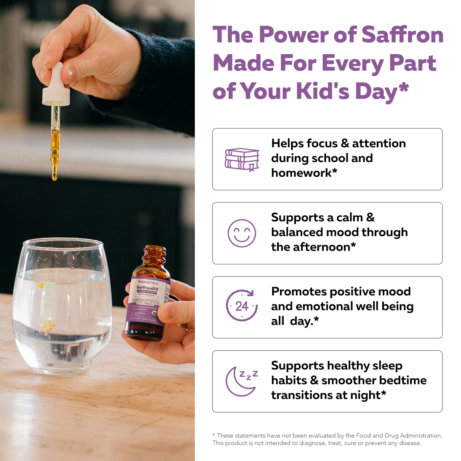 Hand mixing Saffron Kids drops into water beside daily benefits for children's focus, calm mood, and healthy sleep