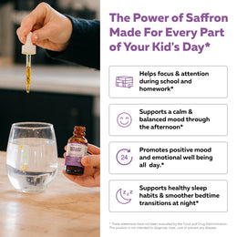 Hand mixing Saffron Kids drops into water beside daily benefits for children's focus, calm mood, and healthy sleep