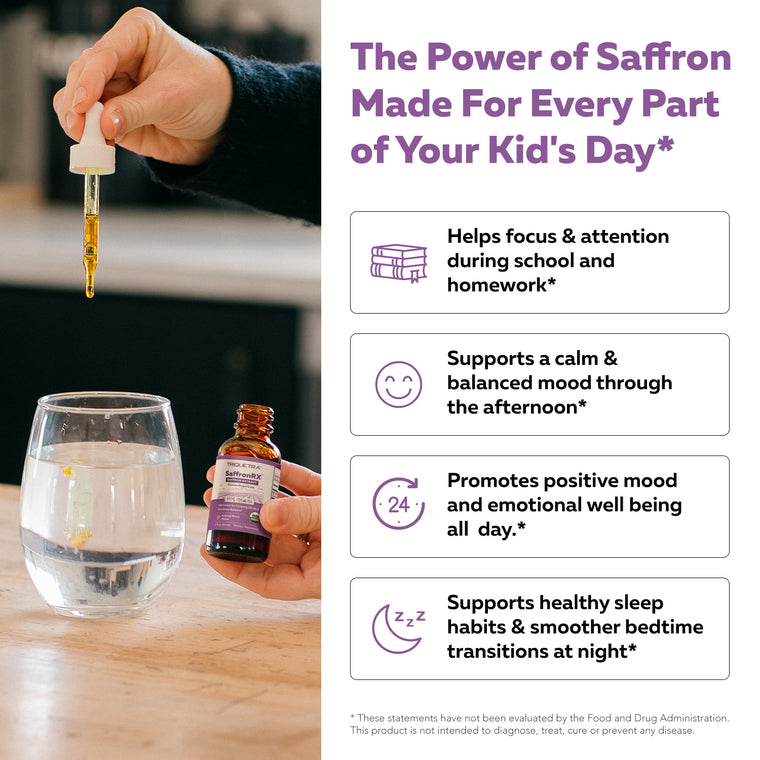 Hand mixing Saffron Kids drops into water beside daily benefits for children's focus, calm mood, and healthy sleep