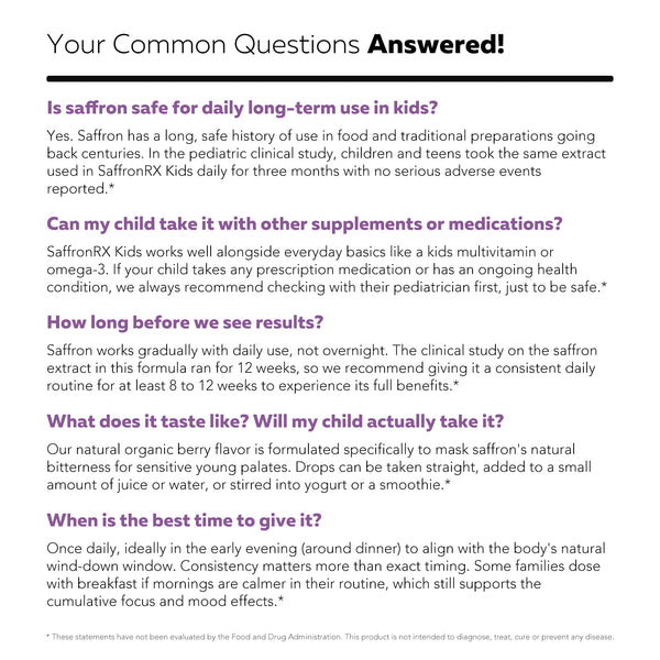 Saffron Kids FAQ graphic answering questions about long-term daily safety, time to see results, and natural berry flavor