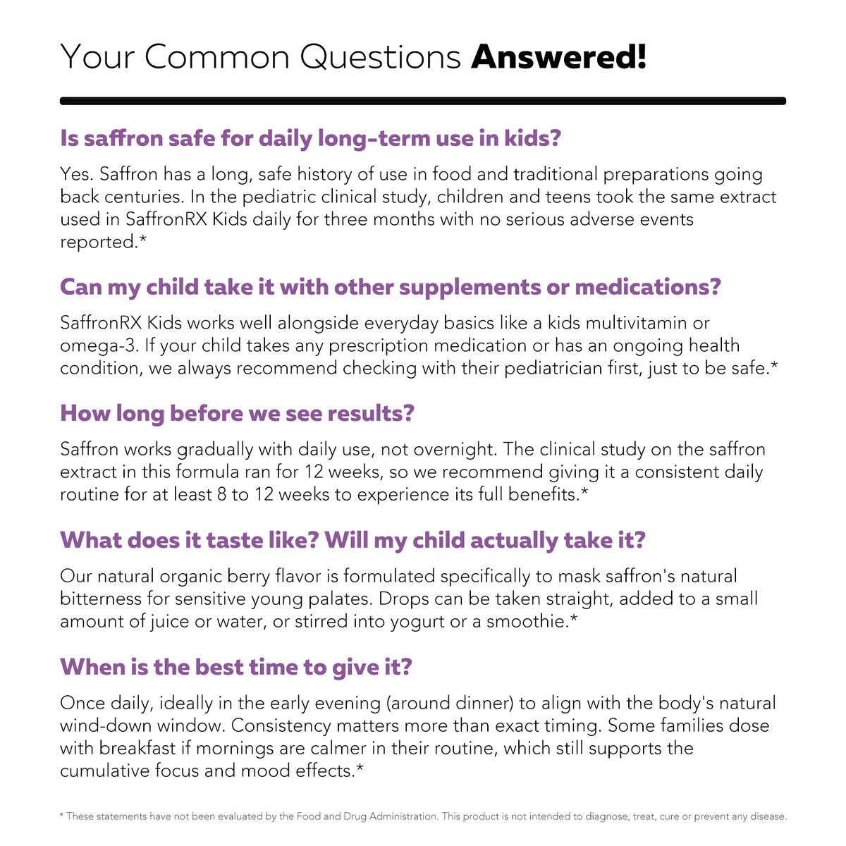 Saffron Kids FAQ graphic answering questions about long-term daily safety, time to see results, and natural berry flavor