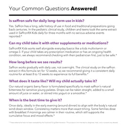 Saffron Kids FAQ graphic answering questions about long-term daily safety, time to see results, and natural berry flavor