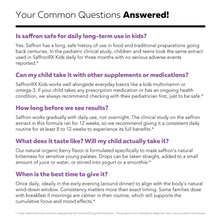 Saffron Kids FAQ graphic answering questions about long-term daily safety, time to see results, and natural berry flavor