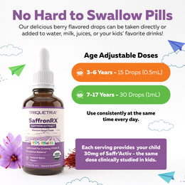Saffron Kids bottle beside dosing chart showing 15 drops for ages 3-6 and 30 drops for ages 7-17