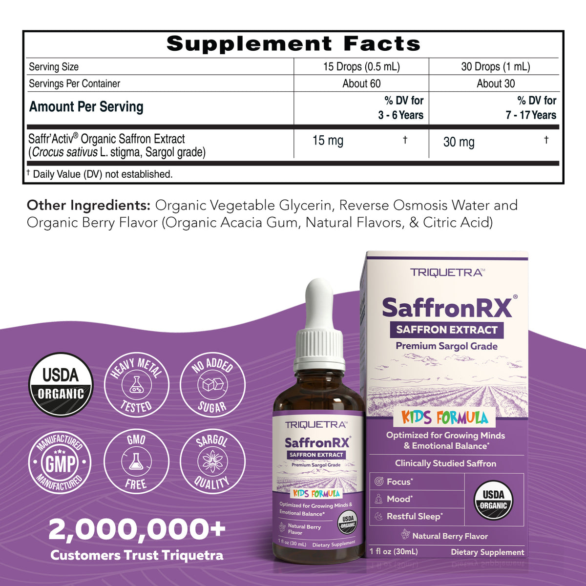 Saffron Kids supplement facts panel showing Saffr'Activ saffron extract 15-30 mg per serving