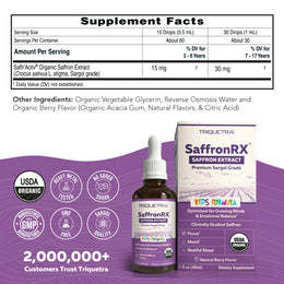 Saffron Kids supplement facts panel showing Saffr'Activ saffron extract 15-30 mg per serving