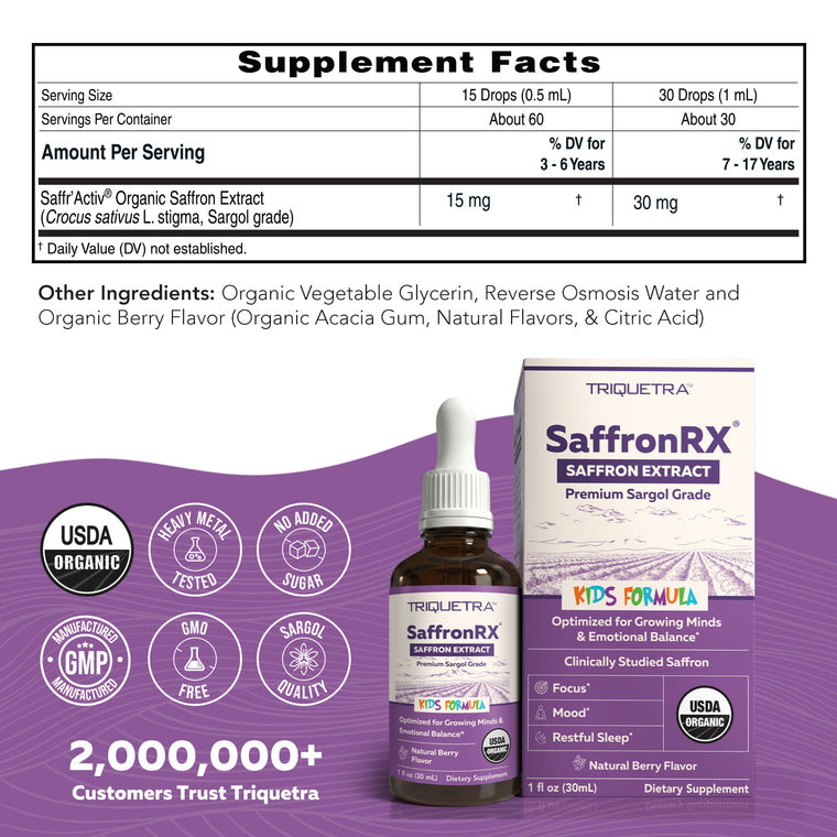 Saffron Kids supplement facts panel showing Saffr'Activ saffron extract 15-30 mg per serving
