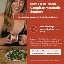 Woman holding Triquetra SoActive Berberine + Cinnamon supplement highlighting complete metabolic support and enhanced absorption*