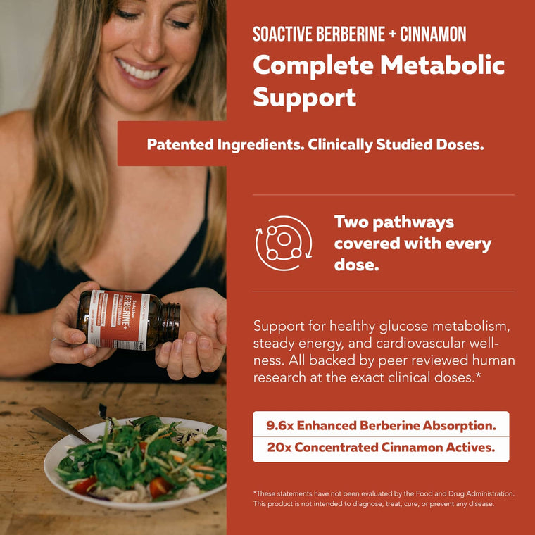 Woman holding Triquetra SoActive Berberine + Cinnamon supplement highlighting complete metabolic support and enhanced absorption*