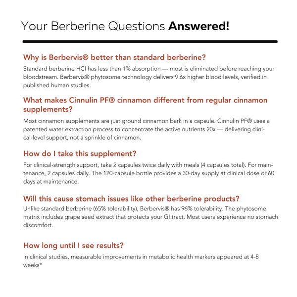 SoActive Berberine + Cinnamon FAQ covering absorption, stomach comfort, dosage, and metabolic support results*