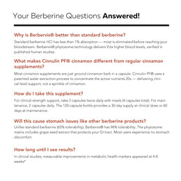 SoActive Berberine + Cinnamon FAQ covering absorption, stomach comfort, dosage, and metabolic support results*