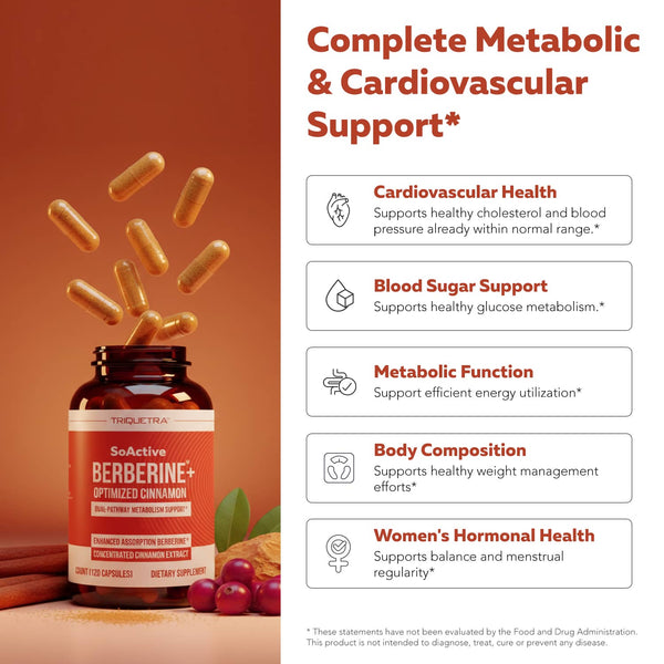 SoActive Berberine + Cinnamon supplement benefits for metabolic function, blood sugar support, cardiovascular health, and weight management*