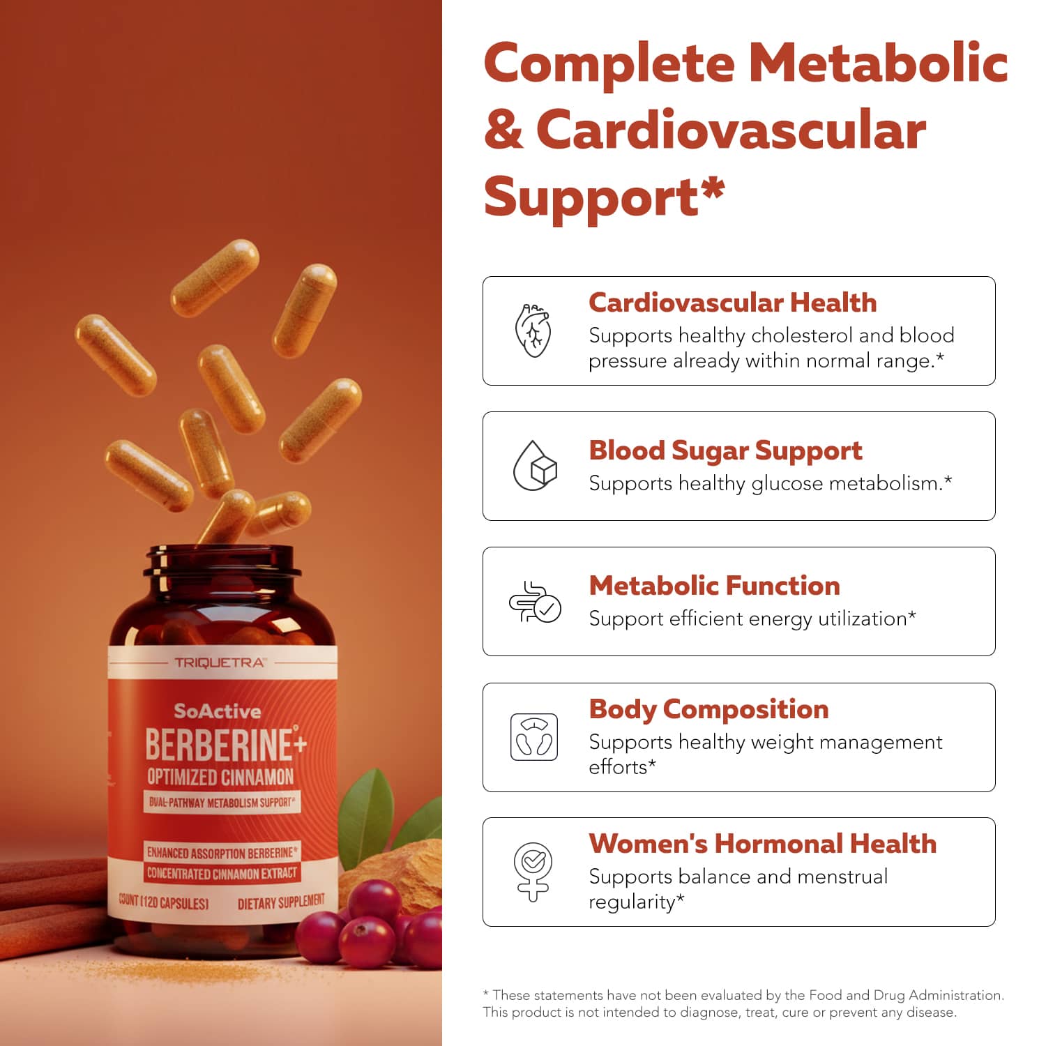 SoActive Berberine + Cinnamon supplement benefits for metabolic function, blood sugar support, cardiovascular health, and weight management*
