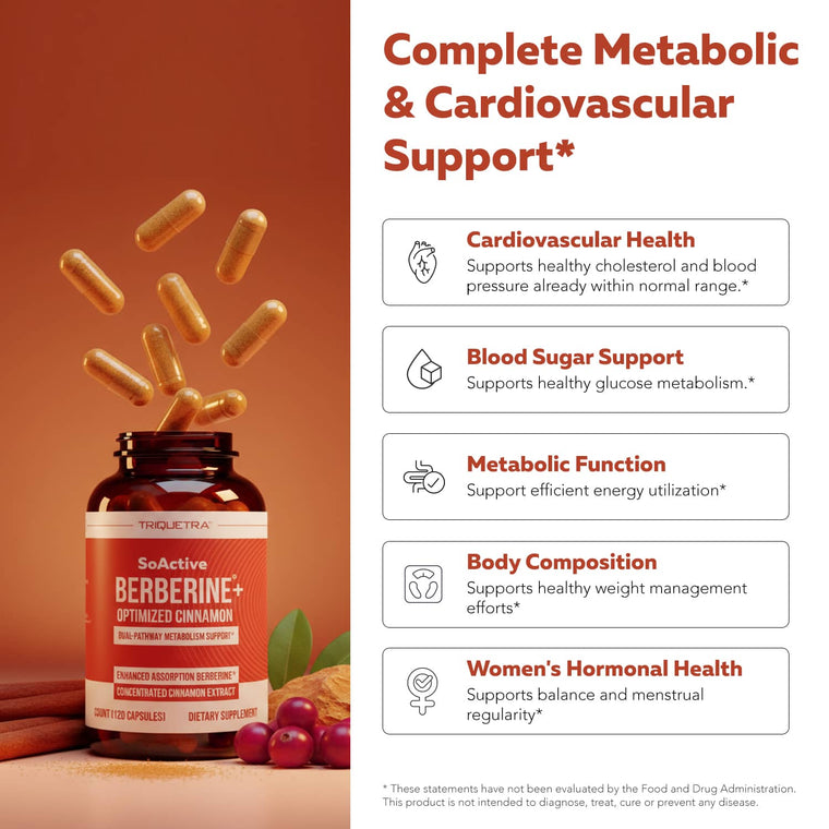 SoActive Berberine + Cinnamon supplement benefits for metabolic function, blood sugar support, cardiovascular health, and weight management*