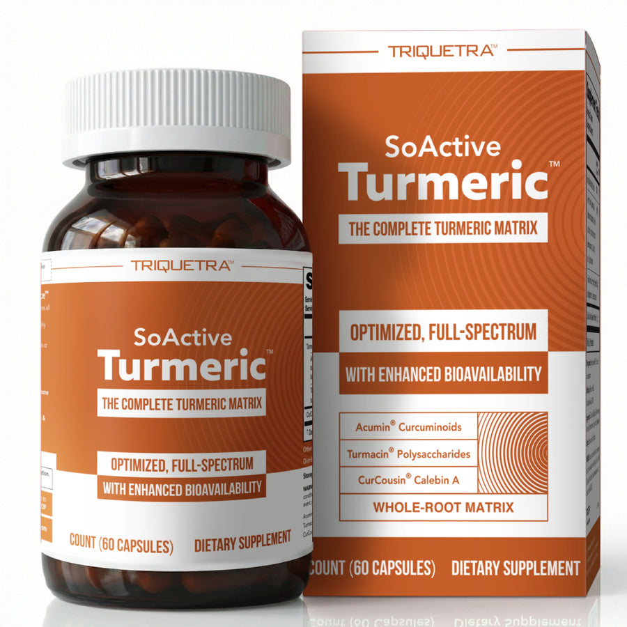 Triquetra Health SoActive Turmeric Complete Turmeric Matrix supplement bottle and box with 60 vegan capsules