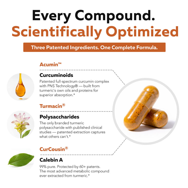 SoActive Turmeric ingredient matrix showing curcuminoids polysaccharides and Calebin A compounds