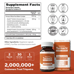 SoActive Turmeric supplement facts panel with third party tested vegan and non GMO attributes