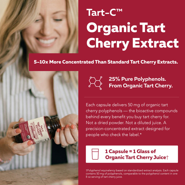 One capsule, one glass - comparable polyphenols to an 8 oz serving of tart cherry juice, without the sugar