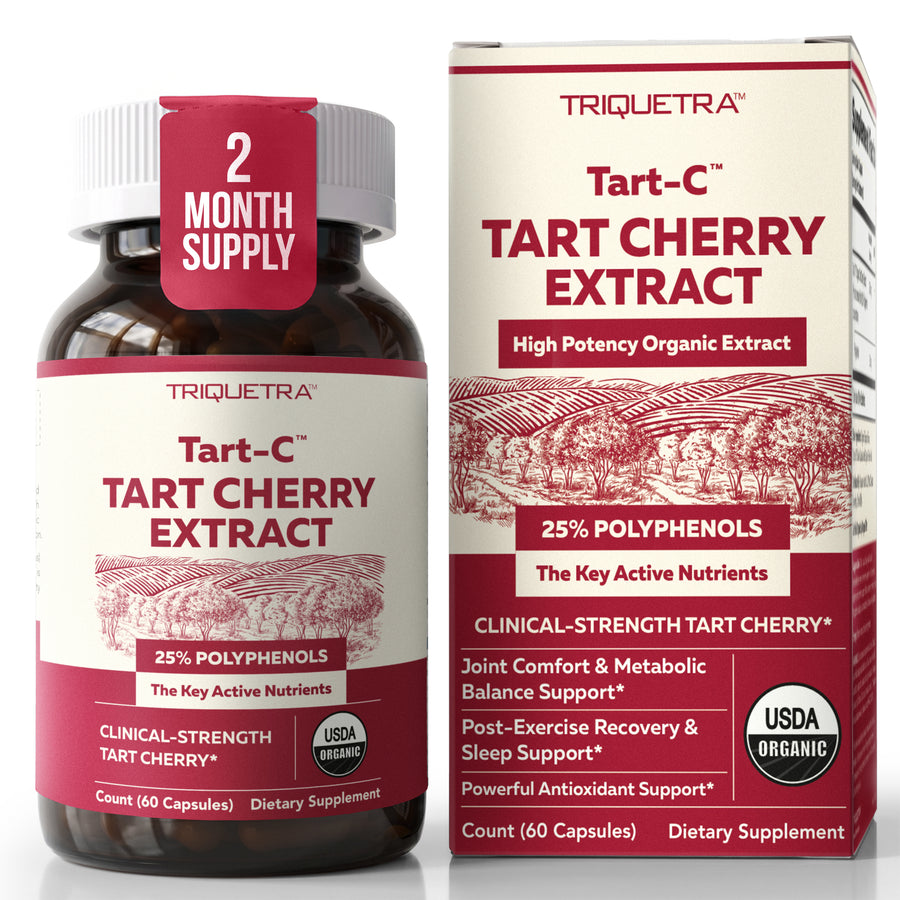 Tart-C organic tart cherry extract capsules bottle, 200 mg standardized to 25% polyphenols, 50 mg per capsule, 60 count - 2 months supply