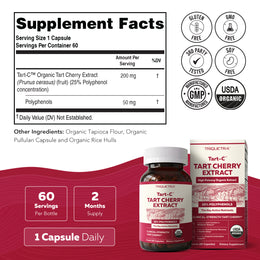 Tart-C Supplement Facts panel: 200 mg organic tart cherry extract, 25% polyphenols, 50 mg per capsule