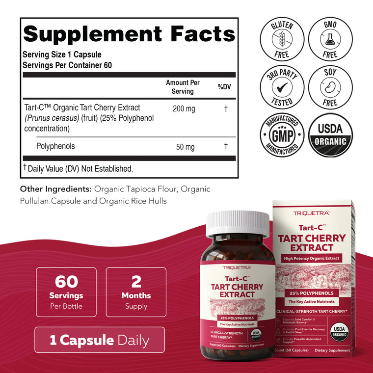 Tart-C Supplement Facts panel: 200 mg organic tart cherry extract, 25% polyphenols, 50 mg per capsule