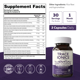 Trace Ionics Supplement Facts panel: 12 key minerals plus fulvic acid 100 mg and humic acid 20 mg per 2 capsules