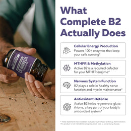 Hands dispensing BioActive B2 capsule next to benefits: cellular energy, MTHFR methylation support, nervous system function