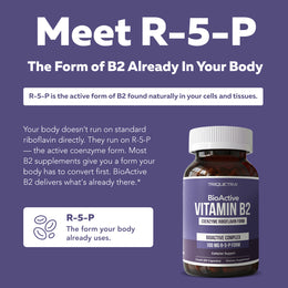 Triquetra BioActive Vitamin B2 bottle next to text explaining body-ready R5P is the active coenzyme form your body uses