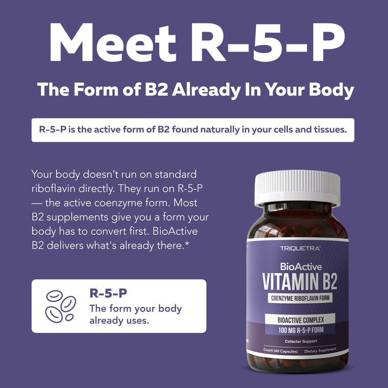 Triquetra BioActive Vitamin B2 bottle next to text explaining body-ready R5P is the active coenzyme form your body uses