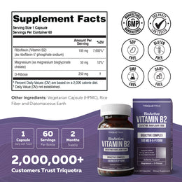 BioActive Vitamin B2 supplement facts showing 100mg R5P, 50mg magnesium, 250mg D-ribose per capsule