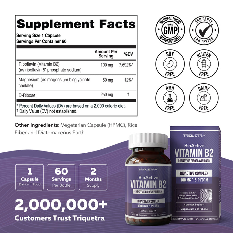 BioActive Vitamin B2 supplement facts showing 100mg R5P, 50mg magnesium, 250mg D-ribose per capsule