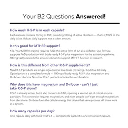 BioActive Vitamin B2 supplement facts showing 100mg R5P, 50mg magnesium, 250mg D-ribose per capsule