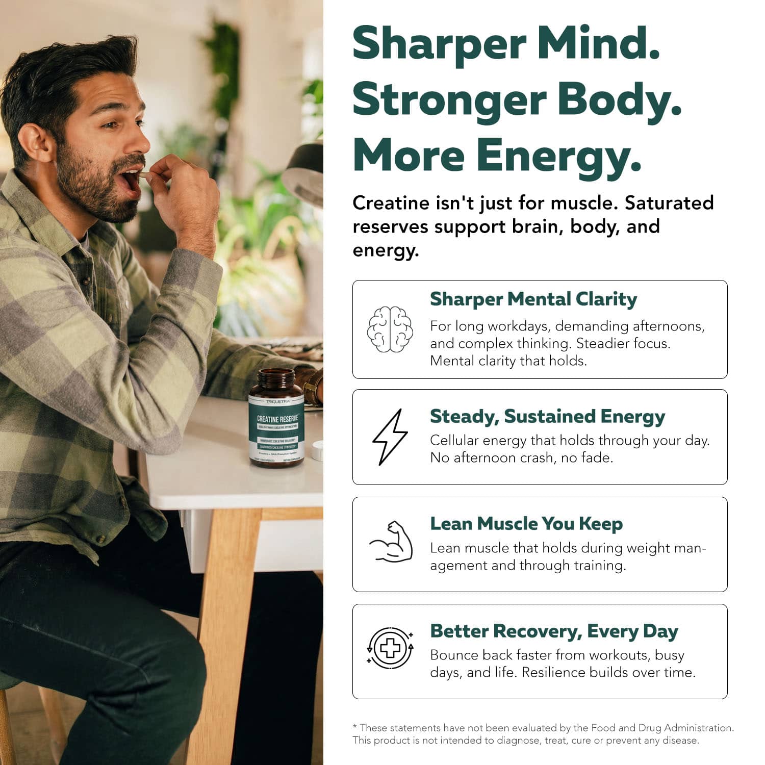 Man taking Triquetra Creatine Reserve supplement for mental clarity, sustained energy, lean muscle support, workout recovery, cognitive performance, and whole-body creatine optimization with creatine and GAA