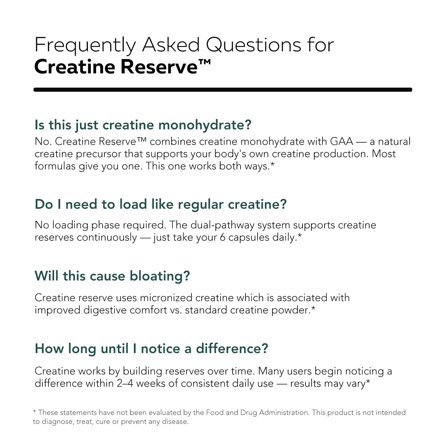 FAQ infographic for Triquetra Creatine Reserve answering common questions about creatine monohydrate, GAA-supported creatine production, loading phase, bloating, digestive comfort, and daily creatine supplementation benefits for muscle and brain support