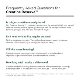 FAQ infographic for Triquetra Creatine Reserve answering common questions about creatine monohydrate, GAA-supported creatine production, loading phase, bloating, digestive comfort, and daily creatine supplementation benefits for muscle and brain support