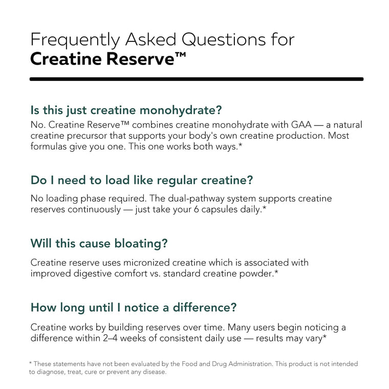 FAQ infographic for Triquetra Creatine Reserve answering common questions about creatine monohydrate, GAA-supported creatine production, loading phase, bloating, digestive comfort, and daily creatine supplementation benefits for muscle and brain support