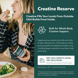 Woman taking Triquetra Creatine Reserve creatine and GAA supplement capsules for whole-body creatine support, enhanced brain and muscle creatine levels, energy production, cognitive support, and lean muscle performance