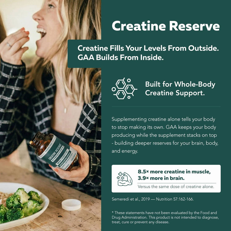 Woman taking Triquetra Creatine Reserve creatine and GAA supplement capsules for whole-body creatine support, enhanced brain and muscle creatine levels, energy production, cognitive support, and lean muscle performance