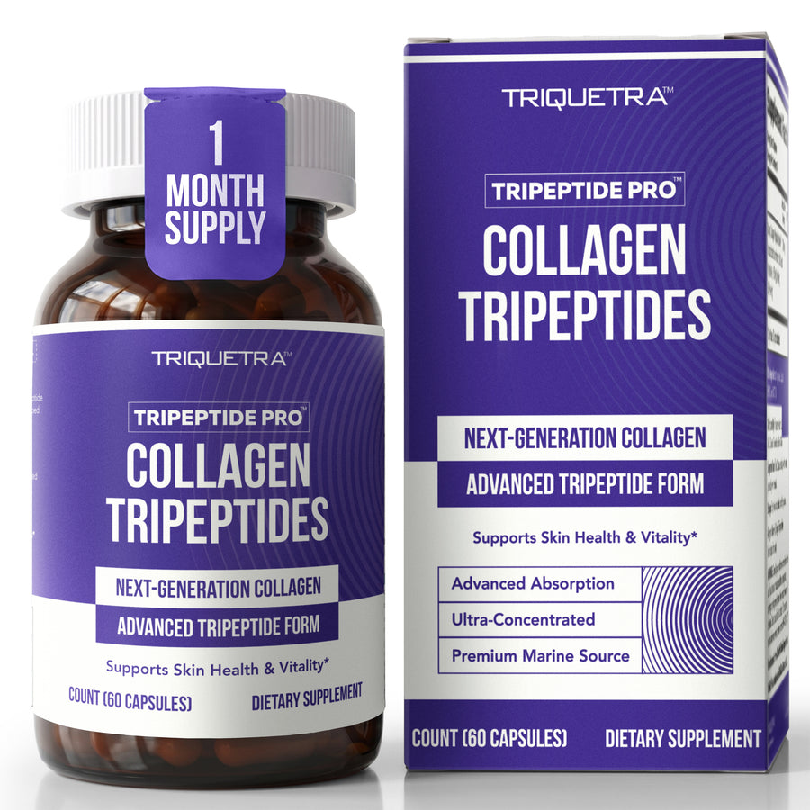 Triquetra Health Collagen Tripeptides marine collagen supplement bottle and box — beyond peptides tripeptides upgrade