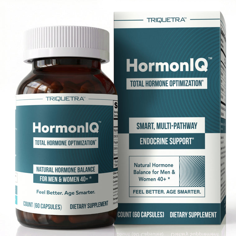Triquetra Health HormonIQ hormone optimization supplement bottle and box, 60 capsules for men and women 40 plus